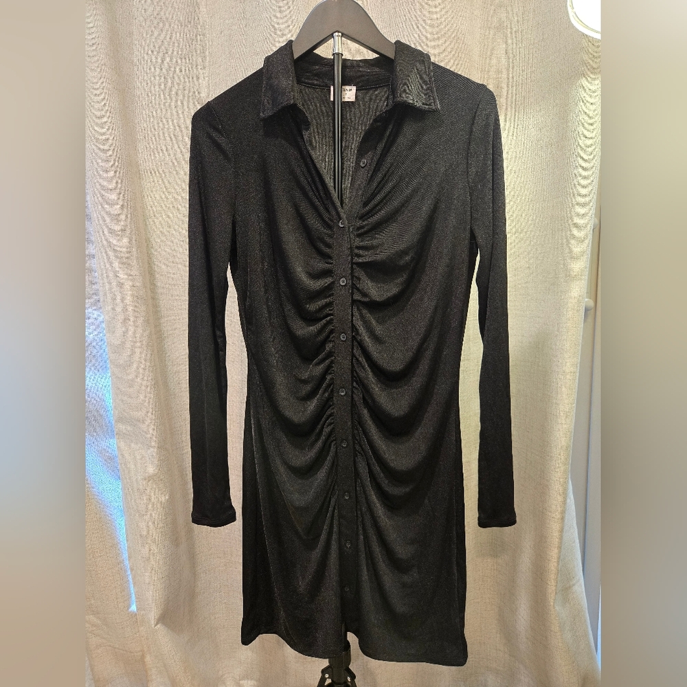 Cotton On Black Collared Button-Front Dress with Ruched Detail